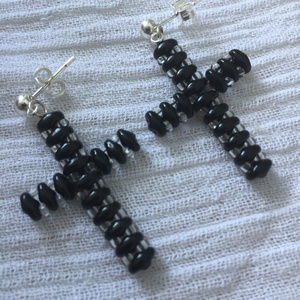 Beaded black cross dangle earrings